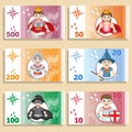 A set of game money depicting medieval characters. Royalty Free Stock Photo