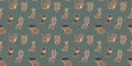 Childish seamless pattern of cartoon baby bongo antelopes, African buffalos, spider monkeys, South American noses, okapis, and bus
