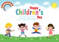 Happy children`s day background poster with happy kids jumping and holding toys isolated vector illustration