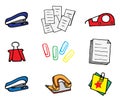 Set of office stationery on white background. paper clip, pile of paper, note, letter, clip, masking tape, paper hole. hand drawn