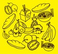 Set of food isolated on yellow background. fruit and vegetable icon. brown outline, hand drawn vector. doodle food for wallpaper, Royalty Free Stock Photo