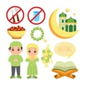 Cute Muslim man and woman in hijab. Ramadan fasting decoration element greeting clip art.