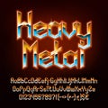 Heavy Metal alphabet font. Glowing letters, numbers and punctuations in hard rock style.