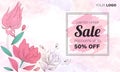 Sale banner template, shopping bag, card, poster, hoarding. Limited offer, discounts up to 50% off. Royalty Free Stock Photo