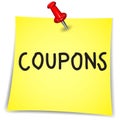Coupons Word on a Note Paper with pin on white Royalty Free Stock Photo