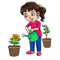 Young Girl holds a Pot to showering flower plants