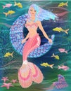 Pretty mermaid, moon , fish. greeting card