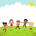 Cute kids playing and jumping in the garden. Preschool banner with white space. Royalty Free Stock Photo