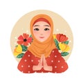 Muslim girl Ramadan Kareem greeting pose decorated with colorful flowers.