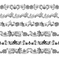 Floral black and white seamless border with floral style. Set of cute decorative elements for frame Royalty Free Stock Photo