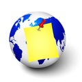 Reminder. Yellow Sheet of paper pinned with pin on earth globe Royalty Free Stock Photo