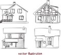 Vector sketch of wooden and brick houses