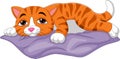 Tired cartoon cat sleeping on the pillow