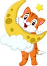 Cartoon funny little cat with yellow moon