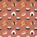 Abstract Sushi, Tempura And Rice Ball Illustrations, Seamless Japanese Cuisine Pattern, Vector EPS 10. Royalty Free Stock Photo