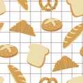 Bakery Goods Illustrations, Baguatte, Pretzel, White Bread, Croissant Illustrations, Seamless Pattern, Vector EPS 10.