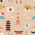 Japanese Miniature Illustration, Pagoda, Meiji Shrine, Mount Fuji, Tokyo Tower, Maneki Neko Writtern Happiness And Sushi Illustrat Royalty Free Stock Photo