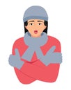 The woman is cold with hat and scarf vector illustration. Girl get sick sneezing from flu. Healthcare and winter concept. Freezing Royalty Free Stock Photo