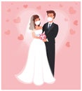 Wedding during Covid-19. Groom and bride wearing protective face mask on wedding day. Flat vector illustration. Wedding Couple