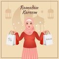 Hijab woman smiling with shopping bags. Ramadan Kareem sale.