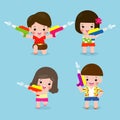 Songkran festival set of kids holding water gun enjoy splashing water in Songkran festival, Thailand Traditional New Year`s Day Royalty Free Stock Photo