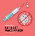 Covid-19 Vacctination Poster. Syringe with vaccine. Virus protection concept. Let`s get vaccinated. Let`s Stop Covid-19. Promotion
