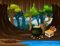 Treasure cave with golden coins in chest and wooden barrel