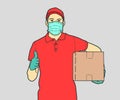 Delivery Man Wearing Medical Mask and Gloves Holding Box Showing Thumb Up. Royalty Free Stock Photo