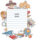 Sketchpad with books, school items and children Royalty Free Stock Photo