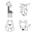 Outlined cute simple cartoon animals - Monkey, giraffe, Squirrel, Fox. Great for designing baby clothes
