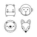 Outlined cute simple cartoon animals - Monkey, giraffe, Squirrel, Fox. Great for designing baby clothes