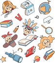 Pattern: kids, books, pencil, magnifier, globe, boat Royalty Free Stock Photo