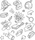 Pattern outline: kids, books, pencil, magnifier, globe, boat Royalty Free Stock Photo