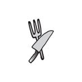 Knife and fork icon. dishware on white background. black outline. silverware tool. hand drawn vector. dining concept. doodle art f Royalty Free Stock Photo