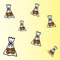 Cookies in the sweet bag, plastic wrapping, ribbon and bow. chocolated cookies. simple package for kids. sweet dessert. hand drawn Royalty Free Stock Photo