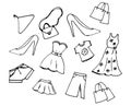 Set of doodle woman clothing isolated on white background. simple sketch. hand drawn vector. dress, heel shos, handbag, denim pant