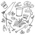 Set of gardening tool icon isolated on white background. gardening activity. hand drawn vector. doodle art for wallpaper, kids, st