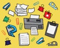 Set of office stationery on yellow background. printer, clip, paperclip, masking tape, paper, pile of paper, document. hand drawn Royalty Free Stock Photo