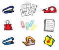 Set of office stationery on white background. paper clip, pile of paper, note, letter, clip, masking tape, paper hole. hand drawn