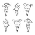 Set of ice cream cone isolated on white background. ice cream cone icon, rainbow, stars, cloud, comet and thunderbolt. hand drawn Royalty Free Stock Photo