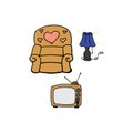 Set of living room furniture on white background. comfortable place. sofa, desk lamp, vintage television. hand drawn vector. home