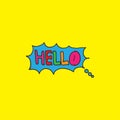 Speech bubble on yellow background. hello-hand drawn lettering. comic book style, pop art color. hand drawn vector. doodle art for Royalty Free Stock Photo