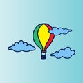 Hot air balloon vector illustration on blue background. striped balloon. blue clouds. blue outline, hand drawn vector. doodle art Royalty Free Stock Photo