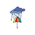 Rainy day with colorful umbrella on white background. blue outline, hand drawn vector. abstract background. doodle art for kids, w Royalty Free Stock Photo