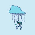 Rainy day with plant vector illustration. cute doodle artistic. weather icon with green leaf on blue background. hand drawn vector Royalty Free Stock Photo