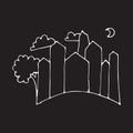 Silhoutte of downtown. building vector illustration isolated on night background. cityscape with tree, cloud and crescent moon. ha Royalty Free Stock Photo