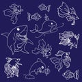 Set of animal sea isolated on dark blue background. white outline, hand drawn vector. shark, whale, dolphin, nemo, fish. wildlife Royalty Free Stock Photo
