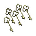 Set of keys on white background. five gold keys. antique and vintage. hand drawn vector. door house lock. doodle art for logo, lab Royalty Free Stock Photo