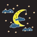 Yellow crescent moon with blue clouds with orange stars. night view background. bed time. time for sleep. hand drawn. white outlin Royalty Free Stock Photo