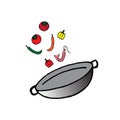Healthy cooking, wok pan with tomato, chilli, and shrimp. flying foodstuff on wok. hand drawn vector. white background. doodle art Royalty Free Stock Photo